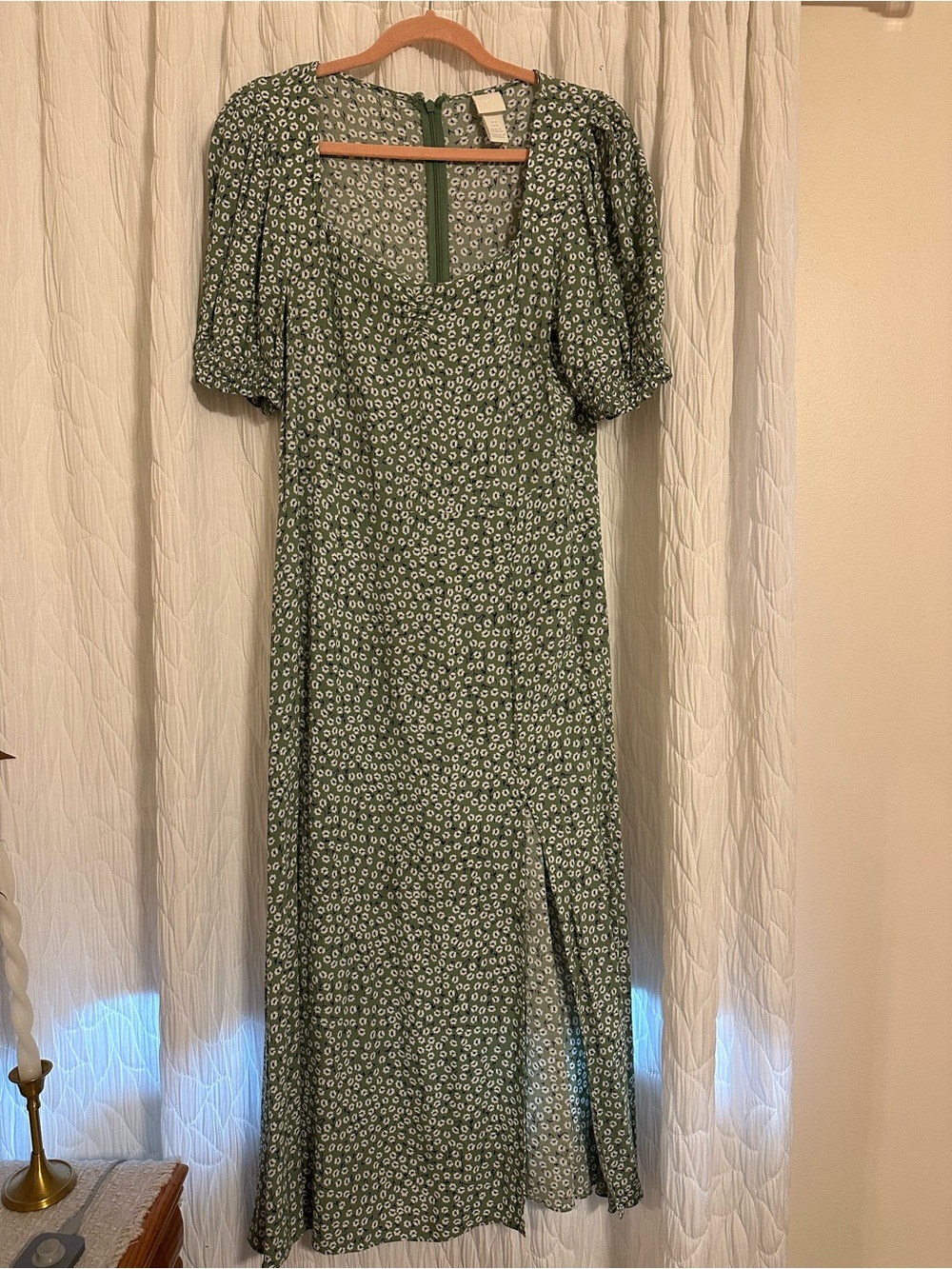 H&M Green Floral Maxi Dress with Puff Sleeves